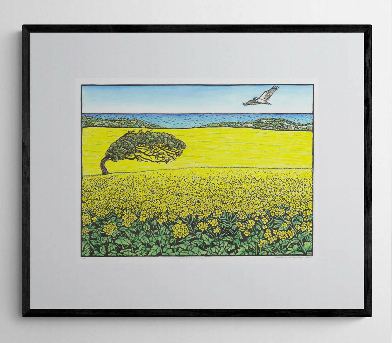 Canola and Coast – Hand-Painted Lino Print by Christine McCarthy