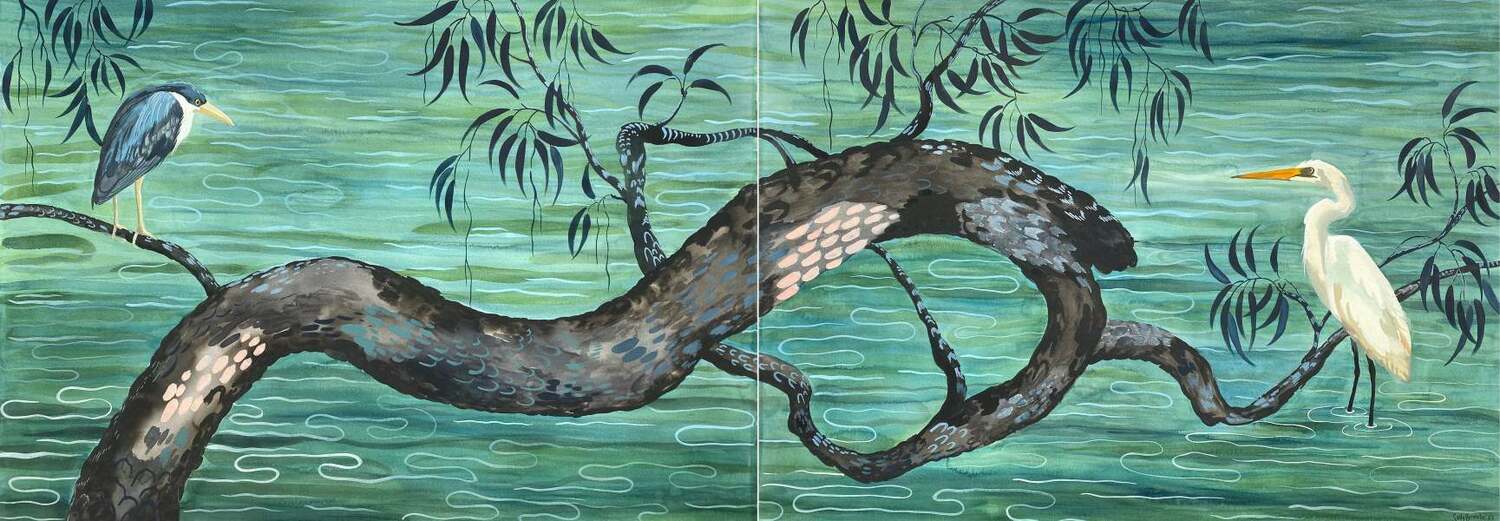 Pied Heron & White Egret Diptych