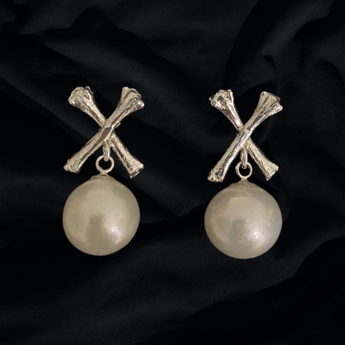 Cross Bone &amp; Pearl Drop Studs