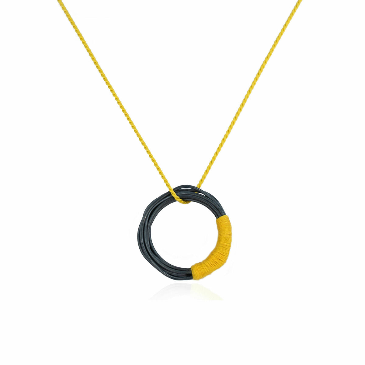 Wrapped Yellow Oxidized Pendant on Yellow Silk Cord
