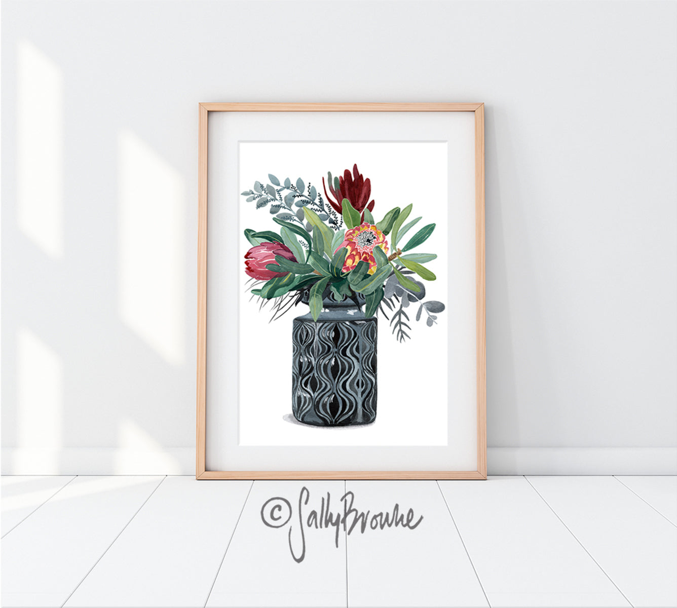 Proteas and Natives in Grey Onion Vase