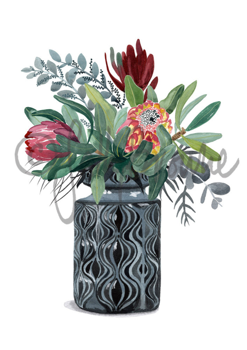 Proteas and Natives in Grey Onion Vase