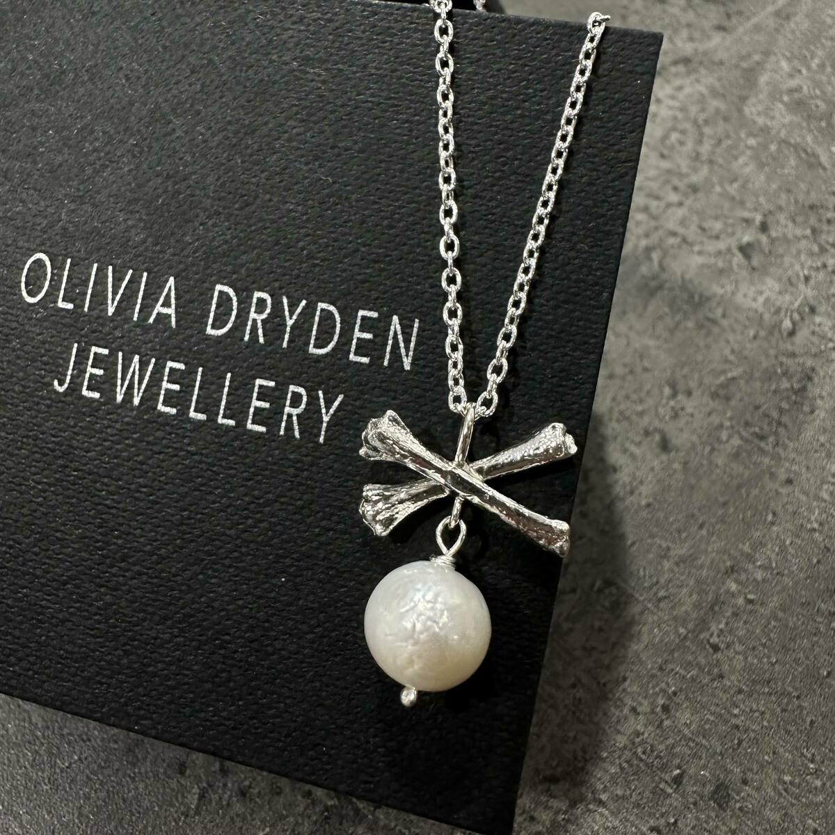 Medium Cross Bone & Pearl Drop Necklace