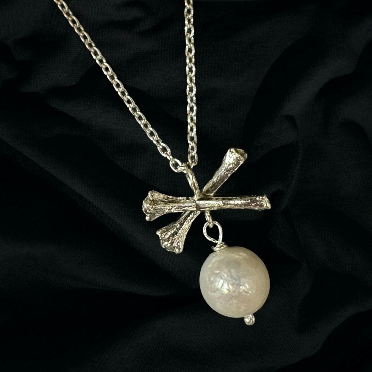 Medium Cross Bone & Pearl Drop Necklace