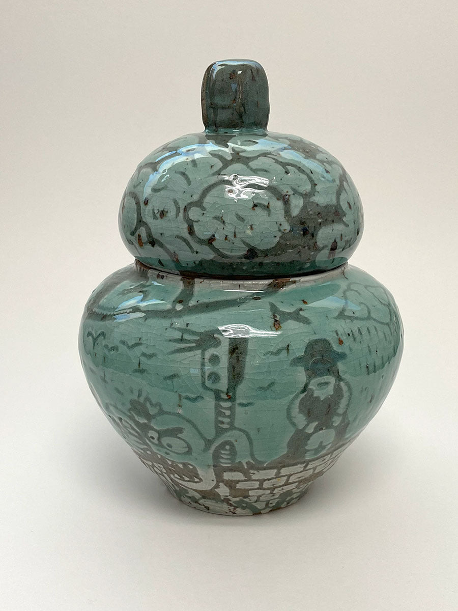 Large Figurative Pot With Lid