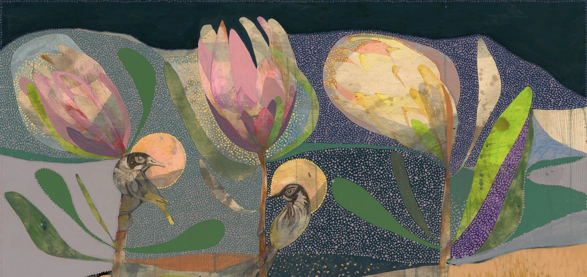 On the Wind of Dreams, New Holland Honeyeater with Golden Hawk and Pink Ice Protea