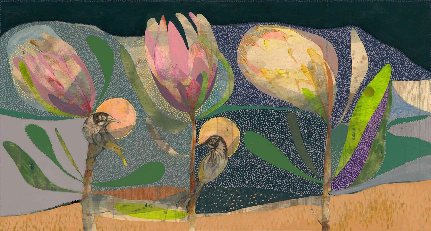 On the Wind of Dreams, New Holland Honeyeater with Golden Hawk and Pink Ice Proteas