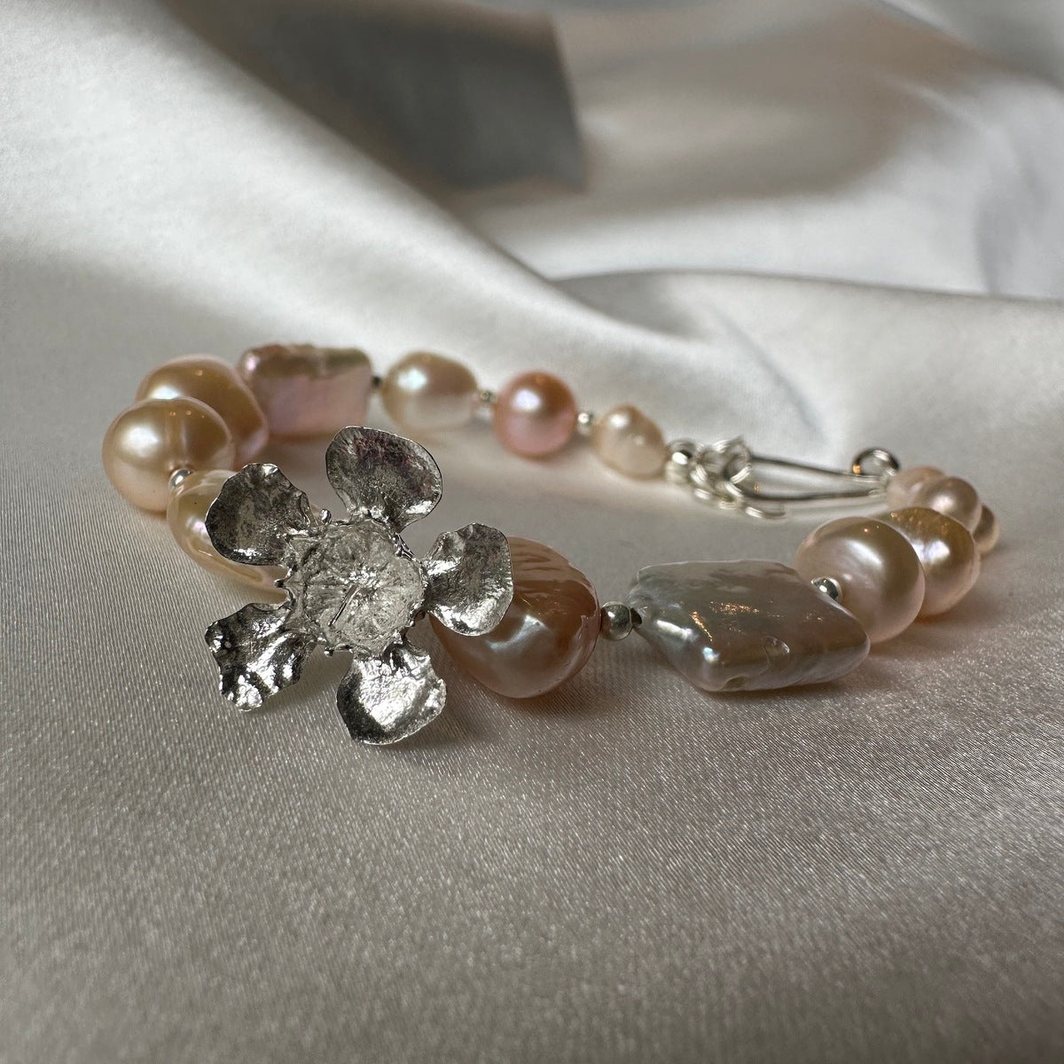 Apricot Multi Pearl Bracelet with Geraldton Wax Flower