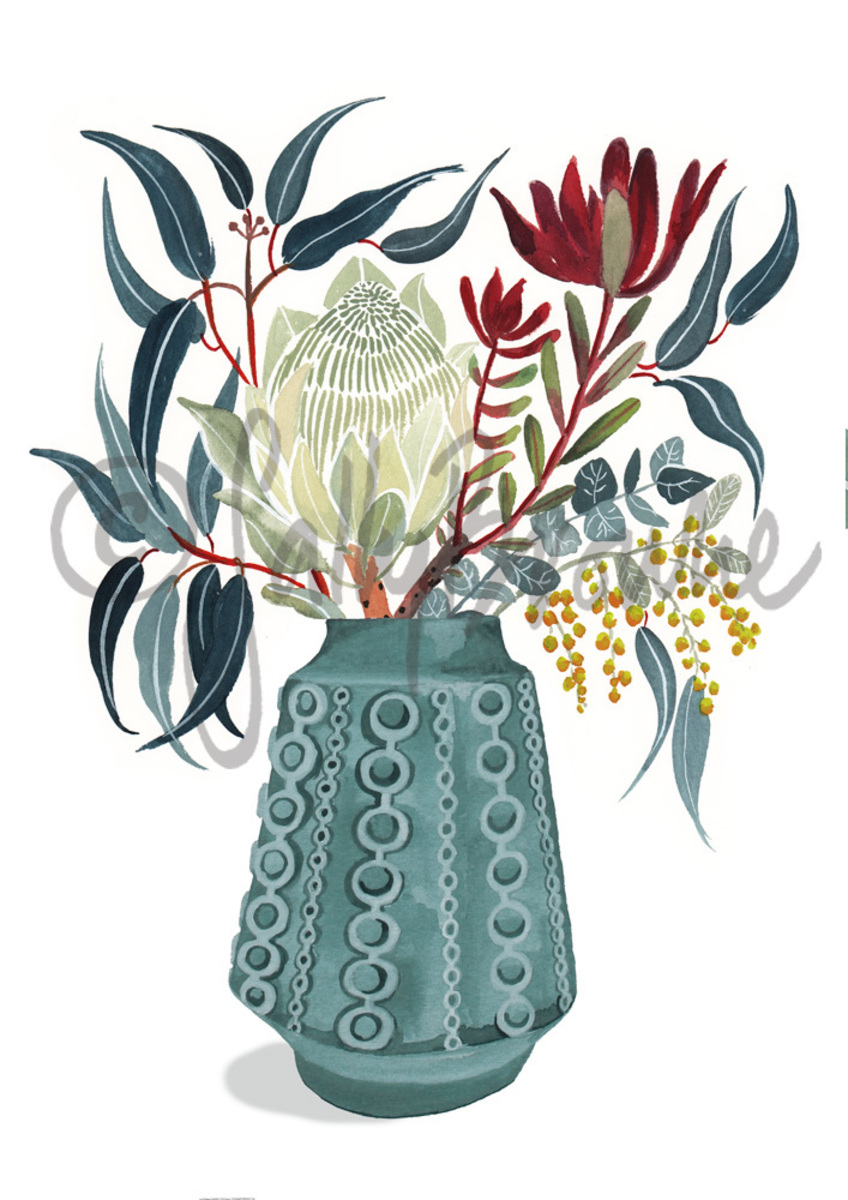 White Protea and Natives in Retro Vase