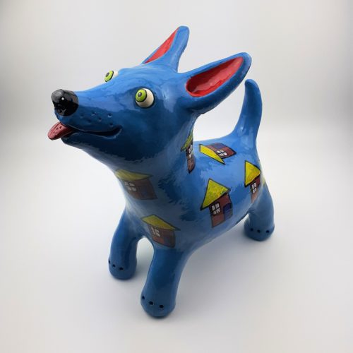 Brighton – XL Dog Sculpture, Light Blue with Houses