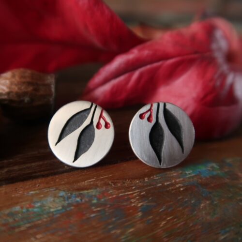 Small Gum Leaf Studs in Black and Red