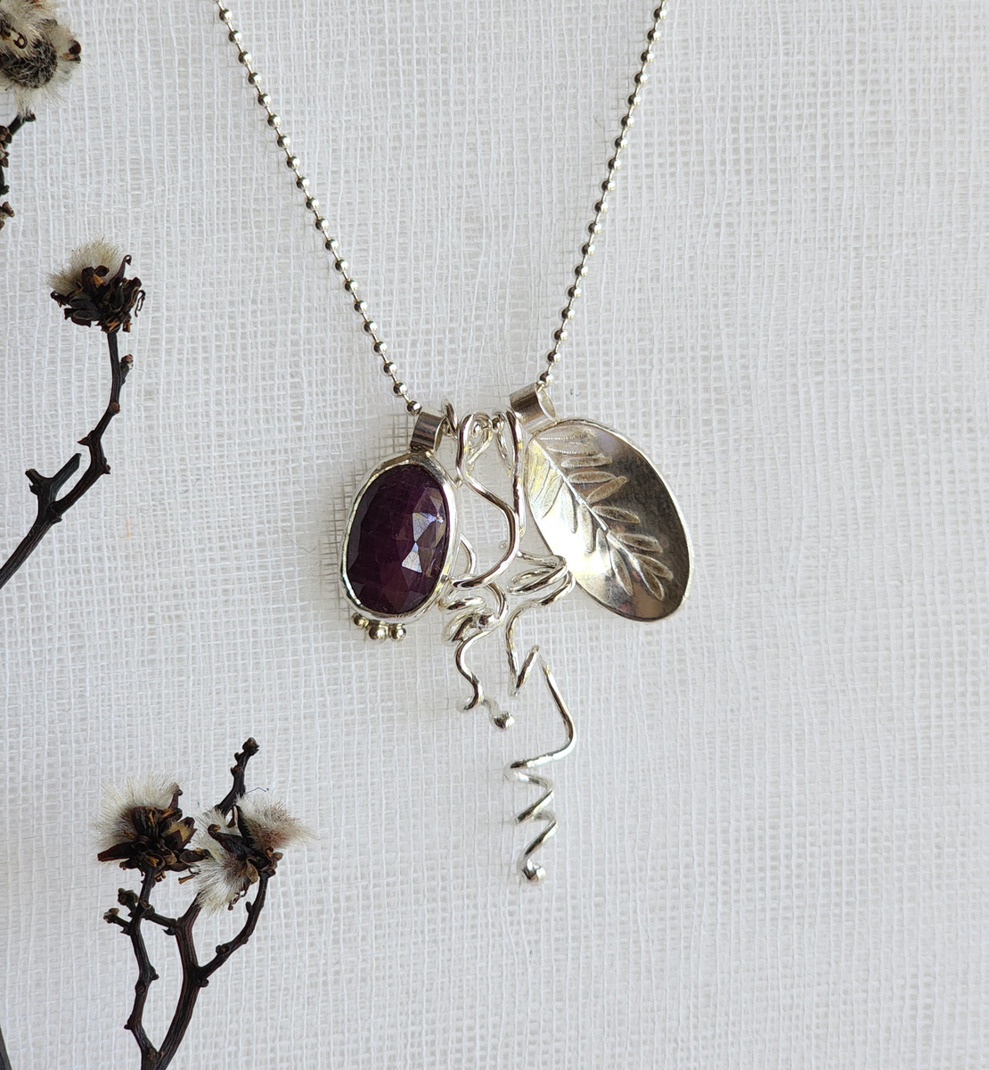 Rosecut Ruby with leaves and Tendrils Necklace