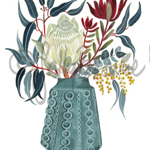 White Protea and Natives in Retro Vase