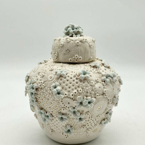 White Urn With Celadon Flowers With Lid